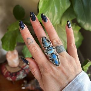 SIZE 7.5 Turquoise Golden Hills Shadowbox Stacked Sterling Silver Statement Ring